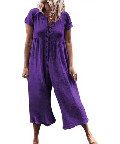 2024 Summer Womens Loose Linen Jumpsuit Casual Button Down Short Sleeve Wide Leg Rompers One Piece Long Palazzo Pants 01 Purp...