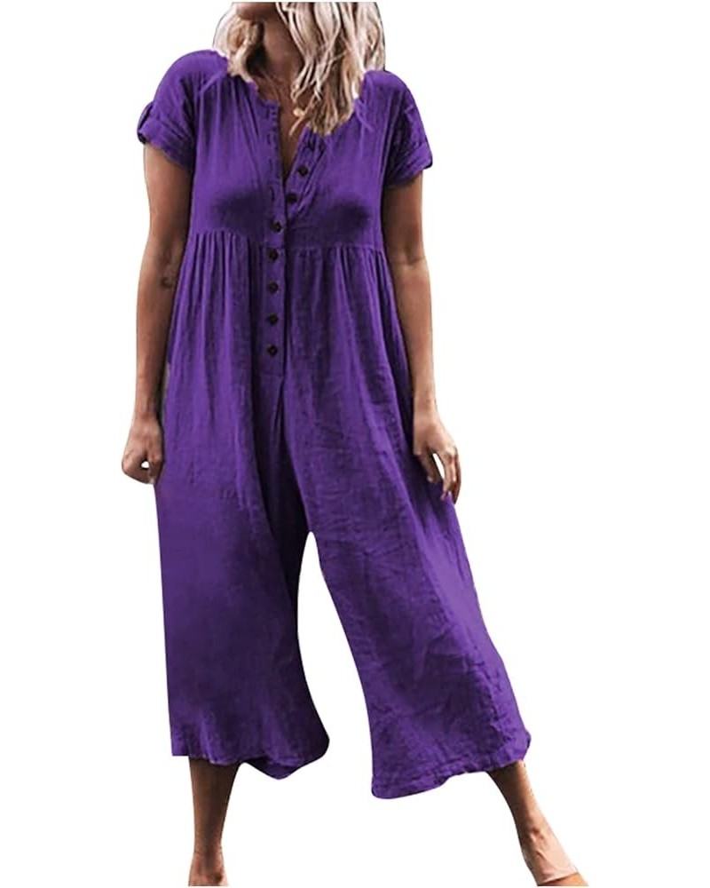 2024 Summer Womens Loose Linen Jumpsuit Casual Button Down Short Sleeve Wide Leg Rompers One Piece Long Palazzo Pants 01 Purp...