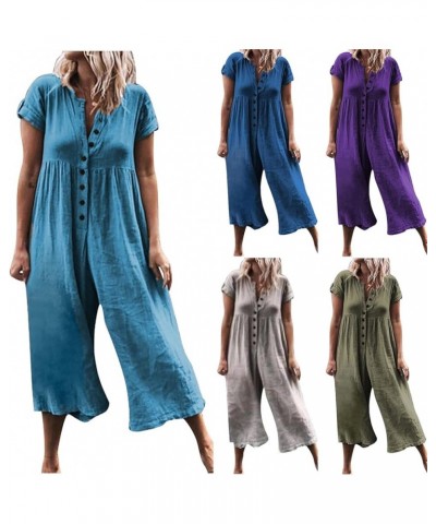 2024 Summer Womens Loose Linen Jumpsuit Casual Button Down Short Sleeve Wide Leg Rompers One Piece Long Palazzo Pants 01 Purp...