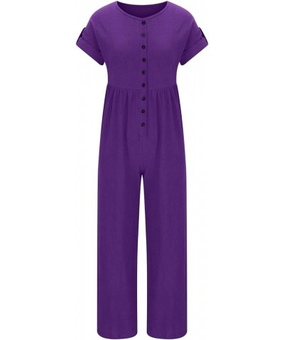 2024 Summer Womens Loose Linen Jumpsuit Casual Button Down Short Sleeve Wide Leg Rompers One Piece Long Palazzo Pants 01 Purp...