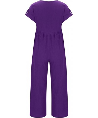 2024 Summer Womens Loose Linen Jumpsuit Casual Button Down Short Sleeve Wide Leg Rompers One Piece Long Palazzo Pants 01 Purp...