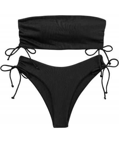 Women's 2 Piece Bandeau Swimsuits Tie Side Ribbed Bikini Set Tankini Black $16.65 Swimsuits