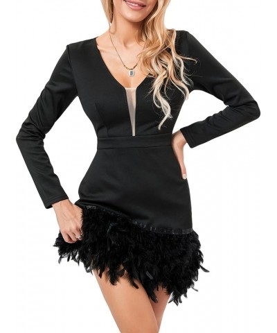 Women Bodycon Feather Mini Dress Faux Fur Trim Short Dress Long Sleeve Off Shoulder Dress Sexy Party Clubwear C-black V-neck ...