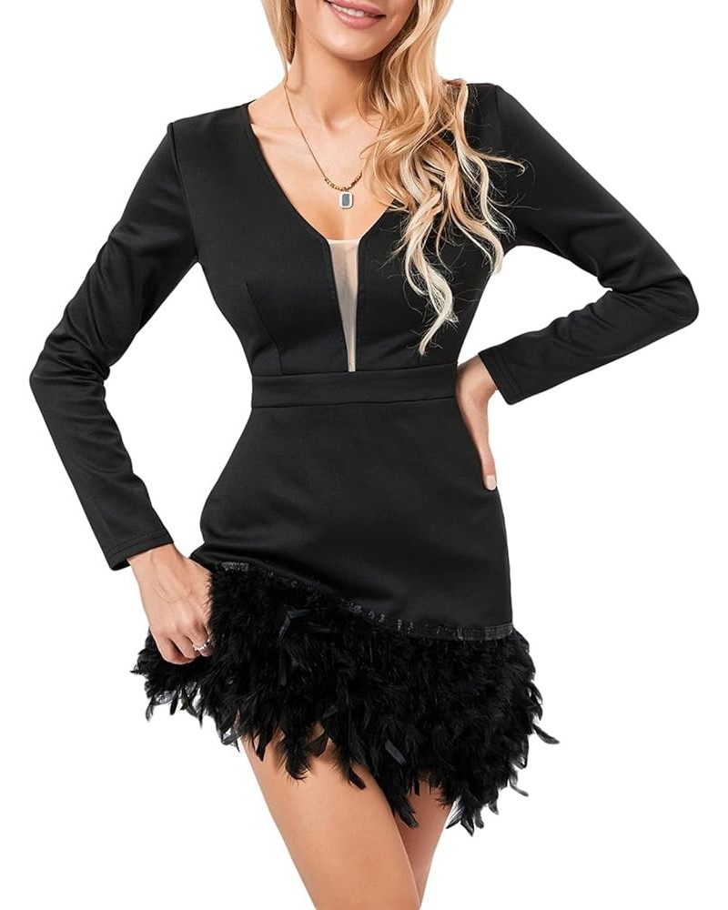 Women Bodycon Feather Mini Dress Faux Fur Trim Short Dress Long Sleeve Off Shoulder Dress Sexy Party Clubwear C-black V-neck ...