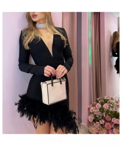 Women Bodycon Feather Mini Dress Faux Fur Trim Short Dress Long Sleeve Off Shoulder Dress Sexy Party Clubwear C-black V-neck ...