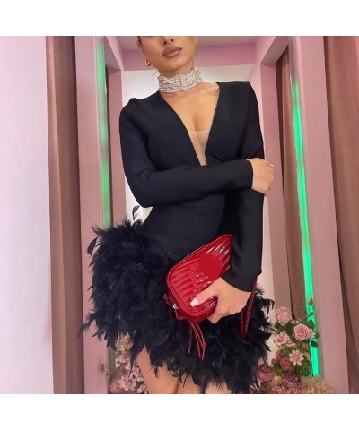 Women Bodycon Feather Mini Dress Faux Fur Trim Short Dress Long Sleeve Off Shoulder Dress Sexy Party Clubwear C-black V-neck ...