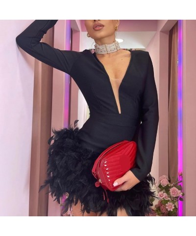 Women Bodycon Feather Mini Dress Faux Fur Trim Short Dress Long Sleeve Off Shoulder Dress Sexy Party Clubwear C-black V-neck ...