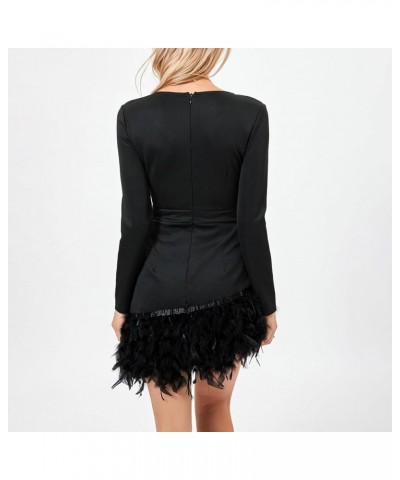 Women Bodycon Feather Mini Dress Faux Fur Trim Short Dress Long Sleeve Off Shoulder Dress Sexy Party Clubwear C-black V-neck ...