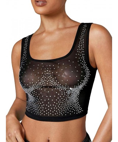 Women's PU Leather V Neck Solid Sleeveless Camisole Crop Tank Top Rhinestone Mesh Black $15.92 Tanks