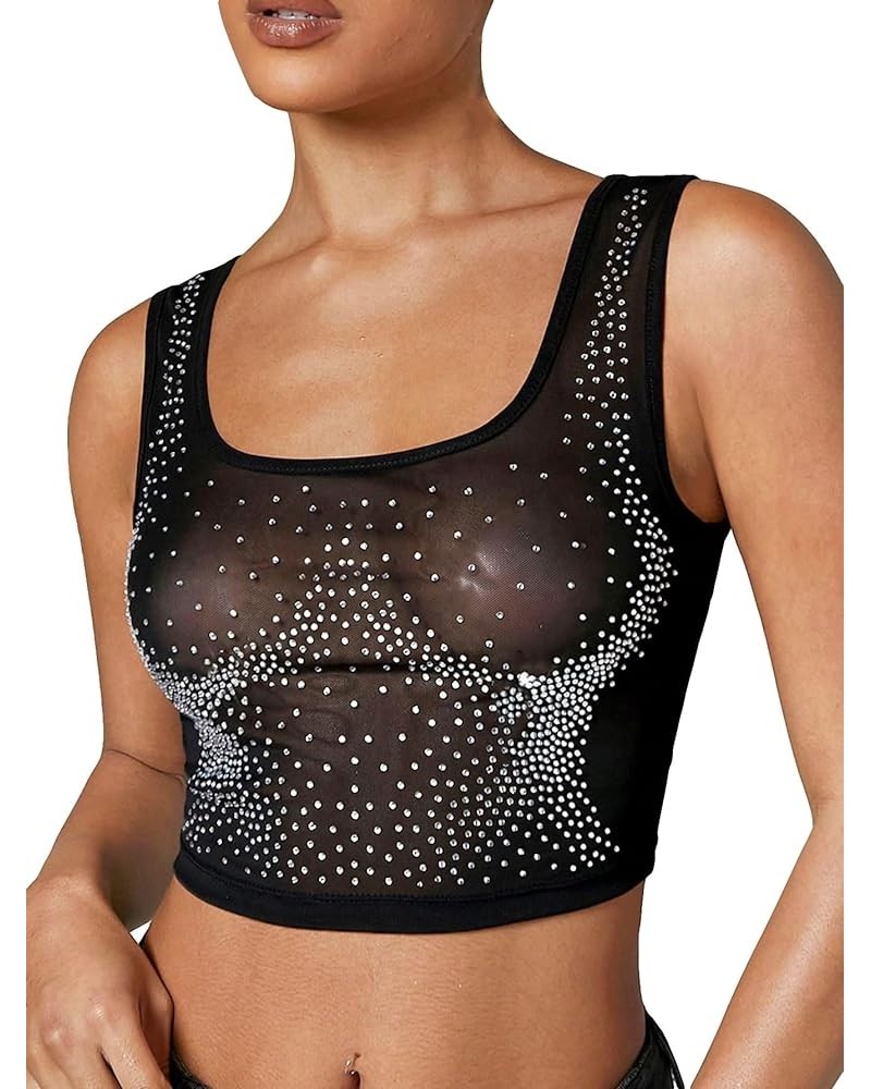 Women's PU Leather V Neck Solid Sleeveless Camisole Crop Tank Top Rhinestone Mesh Black $15.92 Tanks