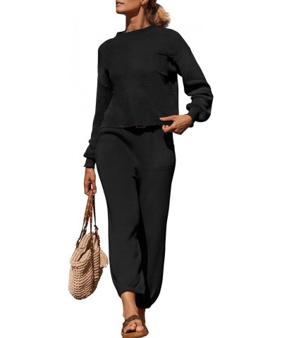 Women's 2 Piece Outfits Sweater Set Long Sleeve Mock Neck Knit Pullover Top High Waist Pant Tracksuit Lounge Sets Black $19.7...