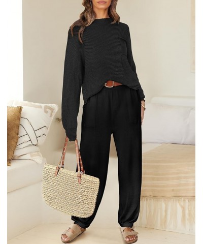 Women's 2 Piece Outfits Sweater Set Long Sleeve Mock Neck Knit Pullover Top High Waist Pant Tracksuit Lounge Sets Black $19.7...