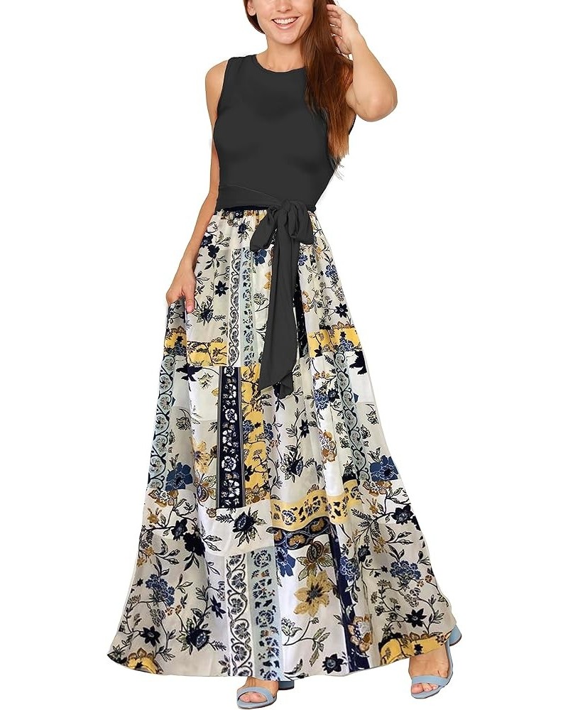 Eloges Women's Sleeveless Contrast Sash Maxi Dress | S-3X Plus Black/Patchwork $28.50 Dresses