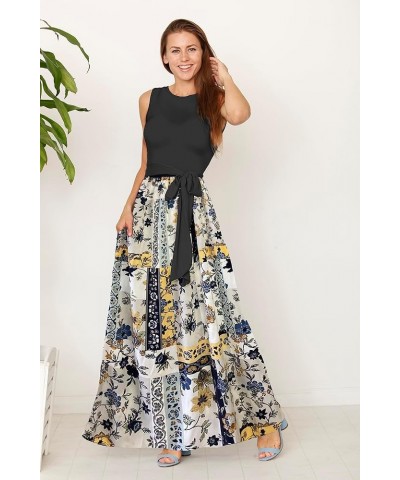 Eloges Women's Sleeveless Contrast Sash Maxi Dress | S-3X Plus Black/Patchwork $28.50 Dresses