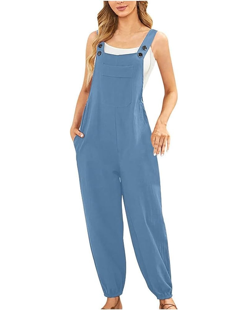 Cotton Linen Overalls for Women Casual Sleeveless Strap Loose Adjustable Jumpsuits Tapered Ankle Pant Jumper Romper Sky Blue ...