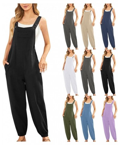 Cotton Linen Overalls for Women Casual Sleeveless Strap Loose Adjustable Jumpsuits Tapered Ankle Pant Jumper Romper Sky Blue ...