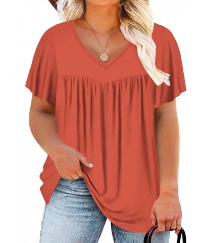 Womens-Plus-Size-Summer-Tops 2024 Pleated V Neck T Shirts Short Sleeve Blouses Ruffle Flowy Tunics XL-5XL 05_coral $14.99 Tops