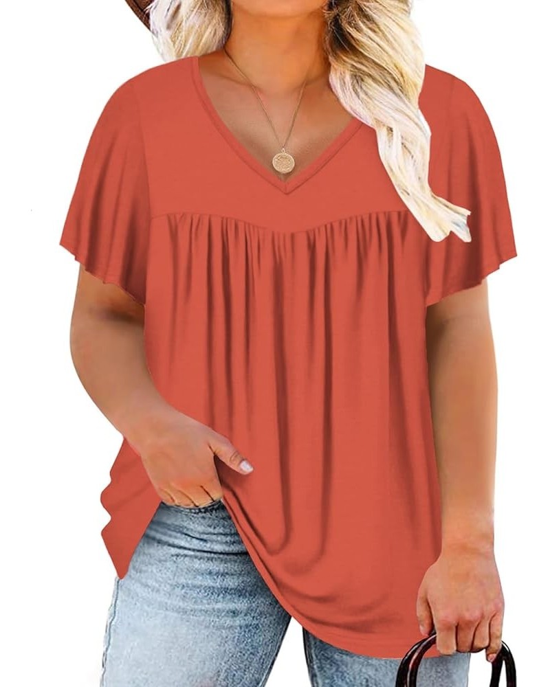 Womens-Plus-Size-Summer-Tops 2024 Pleated V Neck T Shirts Short Sleeve Blouses Ruffle Flowy Tunics XL-5XL 05_coral $14.99 Tops