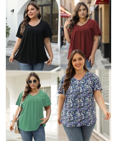 Womens-Plus-Size-Summer-Tops 2024 Pleated V Neck T Shirts Short Sleeve Blouses Ruffle Flowy Tunics XL-5XL 05_coral $14.99 Tops