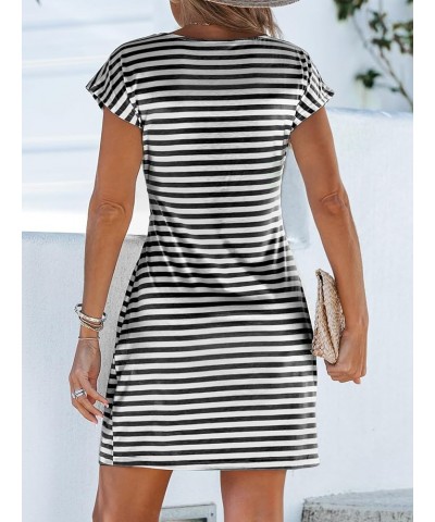 Women's Mini Dress for Round Neck Striped Knotted Belt Short Dress Short Dolman Sleeves Formal Dress Black $15.93 Dresses