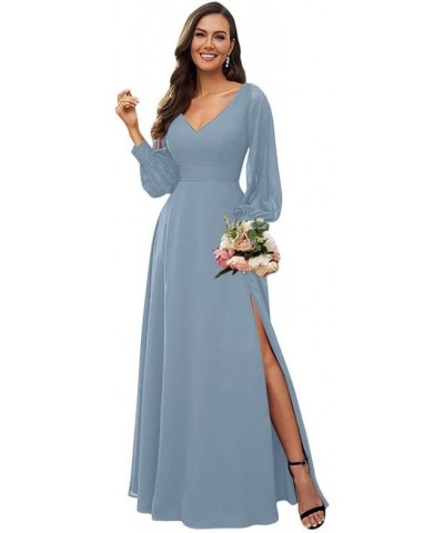 Long Sleeve Bridesmaid Dresses for Wedding Women's V Neck Chiffon Formal Evening Dress with Slit Dusty Blue $27.30 Dresses