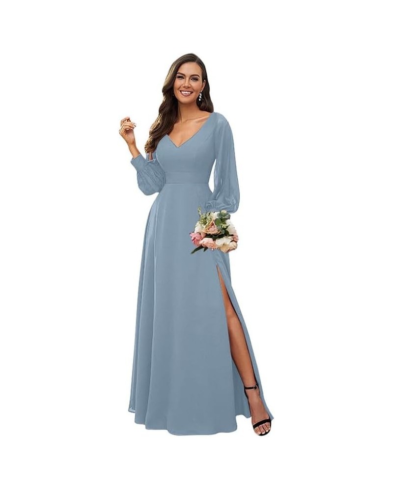 Long Sleeve Bridesmaid Dresses for Wedding Women's V Neck Chiffon Formal Evening Dress with Slit Dusty Blue $27.30 Dresses