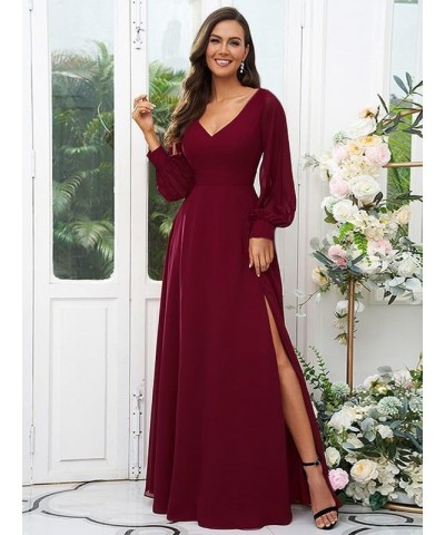 Long Sleeve Bridesmaid Dresses for Wedding Women's V Neck Chiffon Formal Evening Dress with Slit Dusty Blue $27.30 Dresses