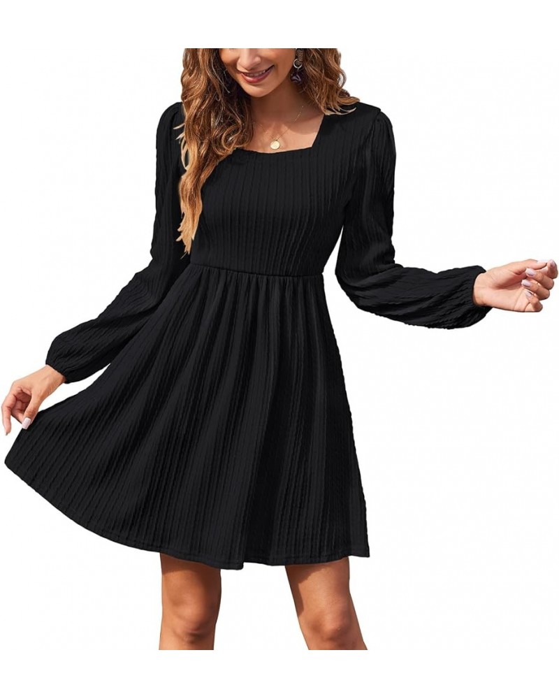 Womens Long Sleeve Knit Dress Square Neck Knee Length Casual Babydoll Fall Dresses 2023 Black $13.51 Dresses