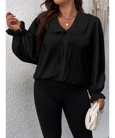 Women's Plus Size Long Sleeve Tie Front Peter Pan Collar Blouse Top Black $17.84 Blouses