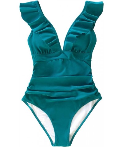 Women's Ruffled One Piece Swimsuit V Neck Lace Up Bright Cyan $17.64 Swimsuits