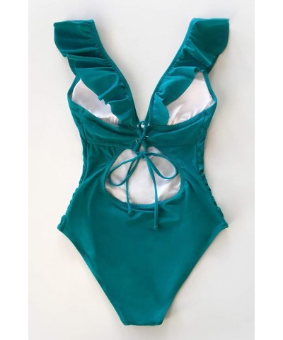 Women's Ruffled One Piece Swimsuit V Neck Lace Up Bright Cyan $17.64 Swimsuits