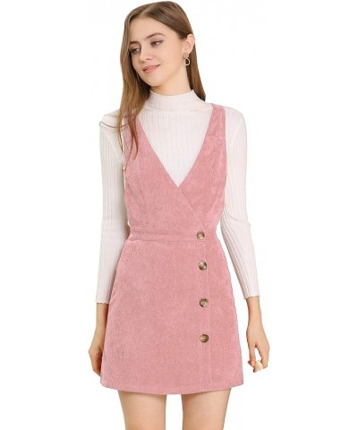 Women's Corduroy Mini V Neck Vintage A-Line Bib Christmas Overall Pinafore Dress Pink $20.64 Overalls