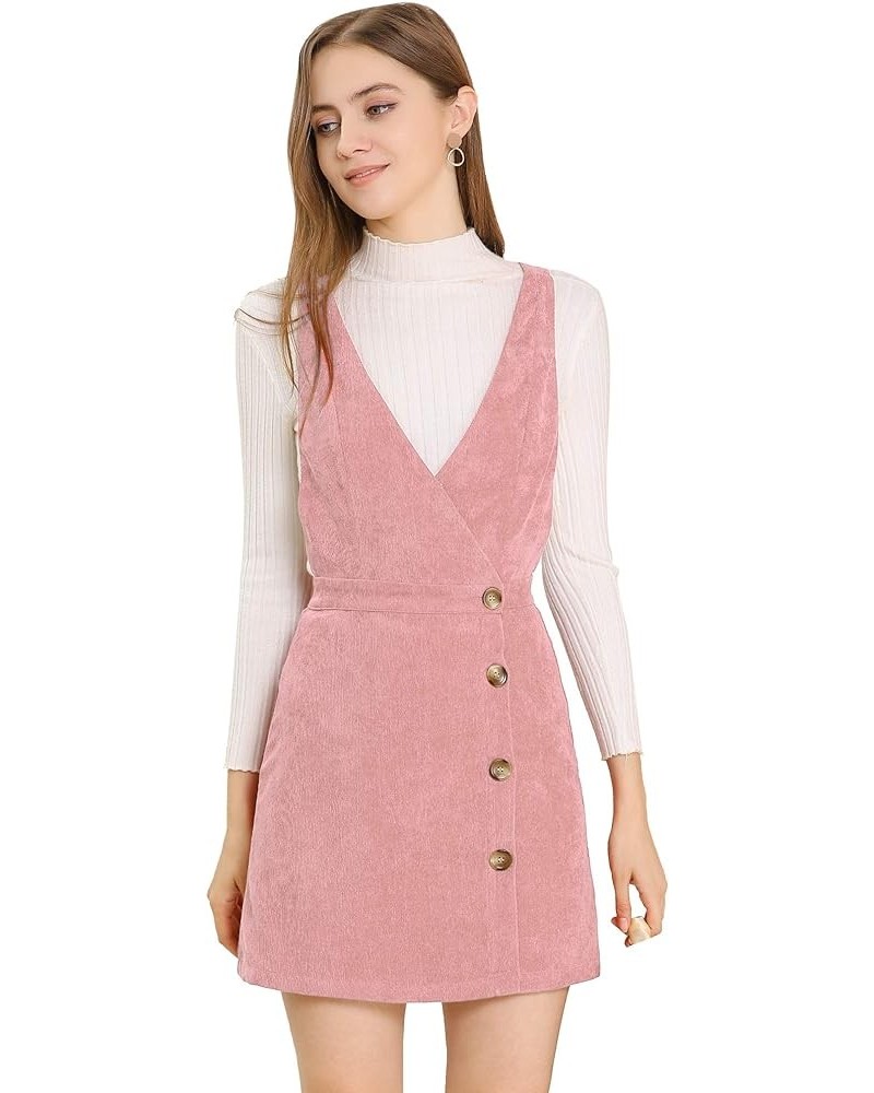 Women's Corduroy Mini V Neck Vintage A-Line Bib Christmas Overall Pinafore Dress Pink $20.64 Overalls