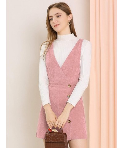 Women's Corduroy Mini V Neck Vintage A-Line Bib Christmas Overall Pinafore Dress Pink $20.64 Overalls