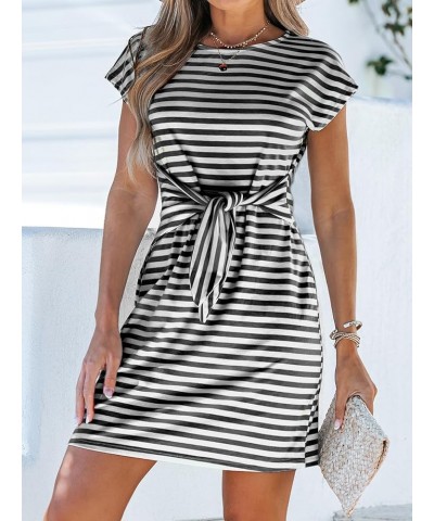 Women's Mini Dress for Round Neck Striped Knotted Belt Short Dress Short Dolman Sleeves Formal Dress Black $15.93 Dresses