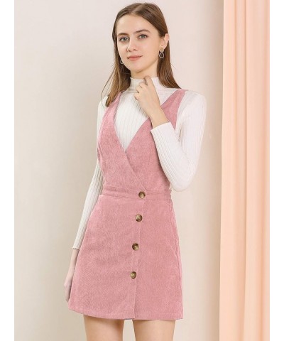 Women's Corduroy Mini V Neck Vintage A-Line Bib Christmas Overall Pinafore Dress Pink $20.64 Overalls