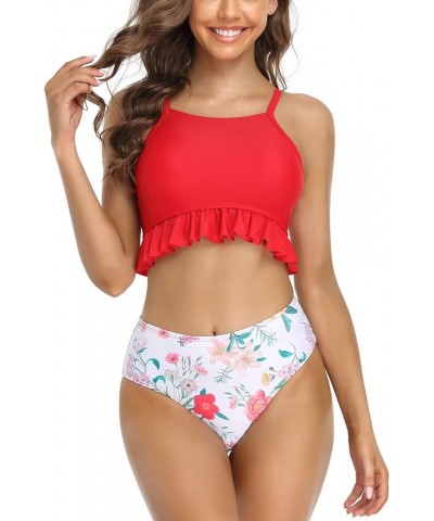 Women High Neck Bikini Ruffle Trim Bathing Suit High Waist 2 Piece Swimsuit Rose Red $16.15 Swimsuits