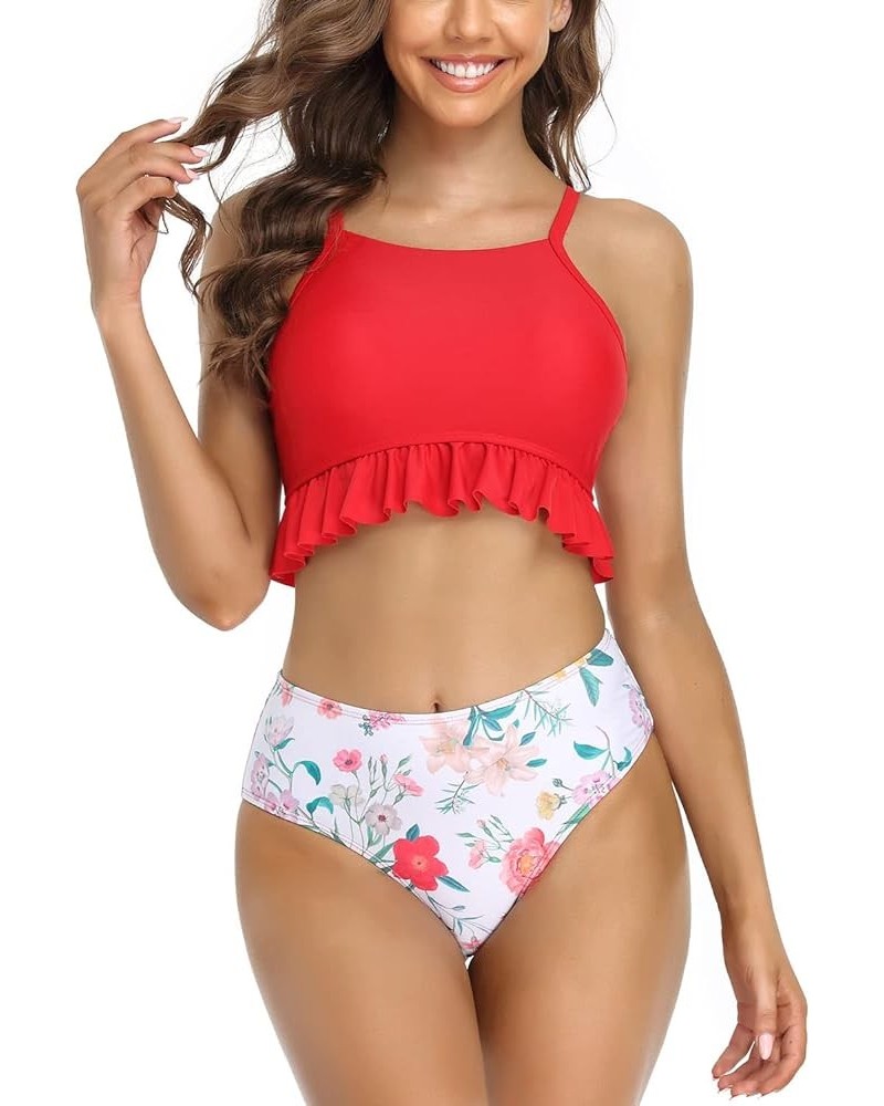 Women High Neck Bikini Ruffle Trim Bathing Suit High Waist 2 Piece Swimsuit Rose Red $16.15 Swimsuits