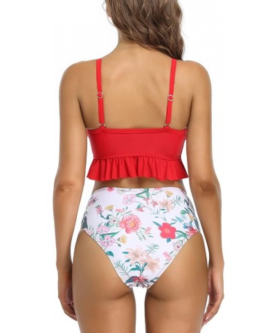 Women High Neck Bikini Ruffle Trim Bathing Suit High Waist 2 Piece Swimsuit Rose Red $16.15 Swimsuits