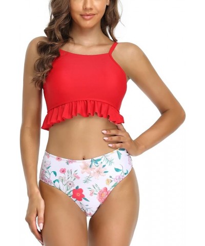 Women High Neck Bikini Ruffle Trim Bathing Suit High Waist 2 Piece Swimsuit Rose Red $16.15 Swimsuits