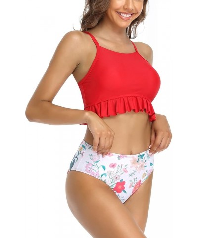 Women High Neck Bikini Ruffle Trim Bathing Suit High Waist 2 Piece Swimsuit Rose Red $16.15 Swimsuits