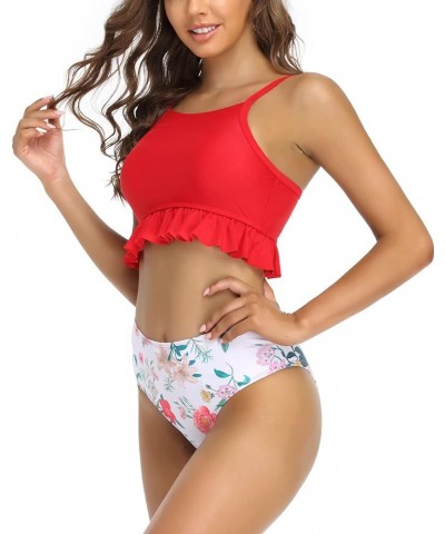 Women High Neck Bikini Ruffle Trim Bathing Suit High Waist 2 Piece Swimsuit Rose Red $16.15 Swimsuits