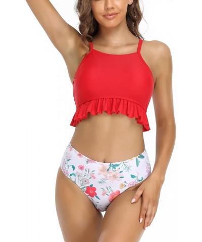 Women High Neck Bikini Ruffle Trim Bathing Suit High Waist 2 Piece Swimsuit Rose Red $16.15 Swimsuits