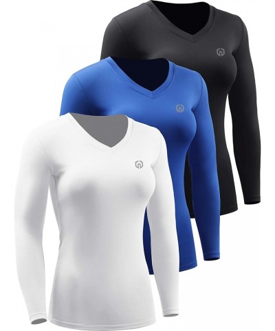 Women's 3 Pack Compression Shirts Long Sleeve Yoga Athletic Running T Shirt V-neck: Black/Blue/White,3 Pack $13.11 Activewear