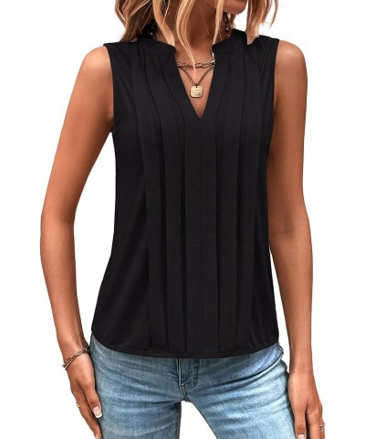 Women's Casual Notched V Neck Pleated Sleeveless Summer Blouse Shirt Tank Top Black $13.99 Tanks