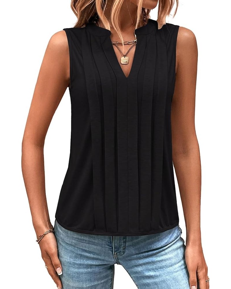 Women's Casual Notched V Neck Pleated Sleeveless Summer Blouse Shirt Tank Top Black $13.99 Tanks