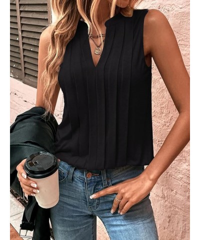 Women's Casual Notched V Neck Pleated Sleeveless Summer Blouse Shirt Tank Top Black $13.99 Tanks