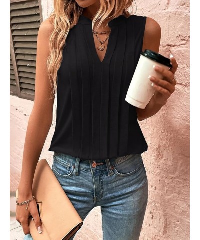 Women's Casual Notched V Neck Pleated Sleeveless Summer Blouse Shirt Tank Top Black $13.99 Tanks