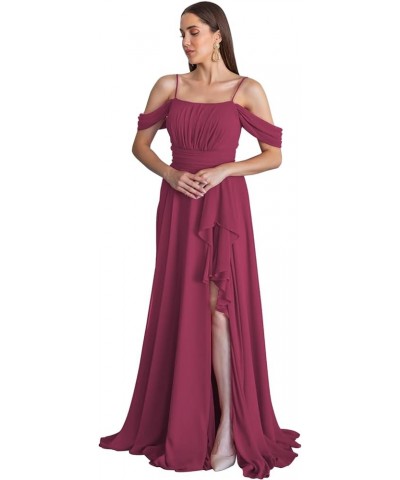 Cold Shoulder Bridesmaid Dresses 2024 for Wedding Long Chiffon Ruffle Formal Evening Dress with Slit Desert Rose $26.95 Dresses