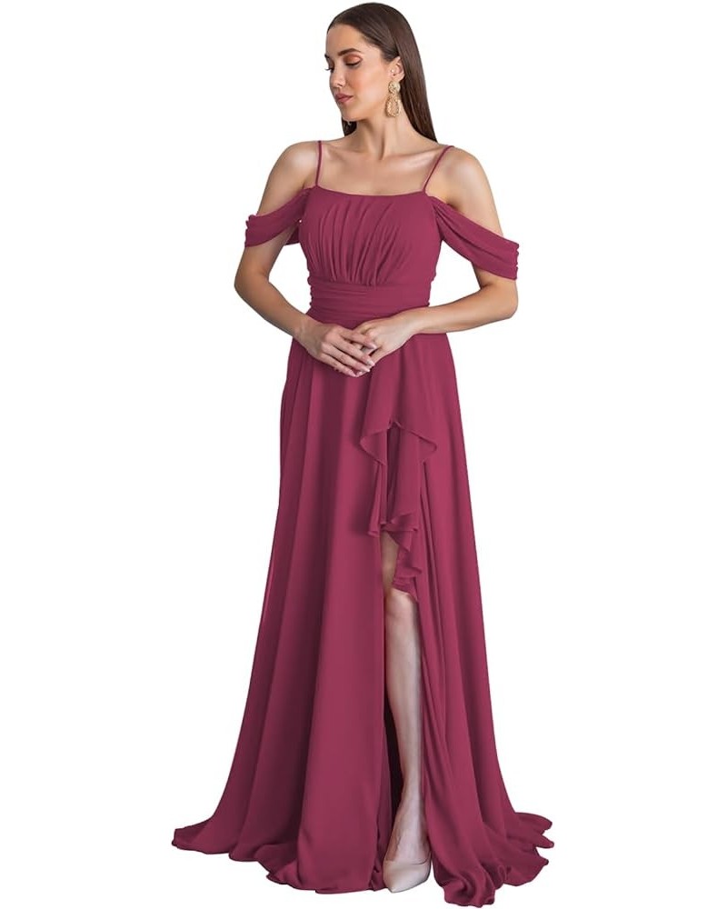 Cold Shoulder Bridesmaid Dresses 2024 for Wedding Long Chiffon Ruffle Formal Evening Dress with Slit Desert Rose $26.95 Dresses